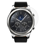 Samsung Gear S3 tempered glass screen protector displayed on a smartwatch with sleek black strap.