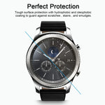 Samsung Gear S3 tempered glass screen protector with tough surface protection against scratches and smudges.