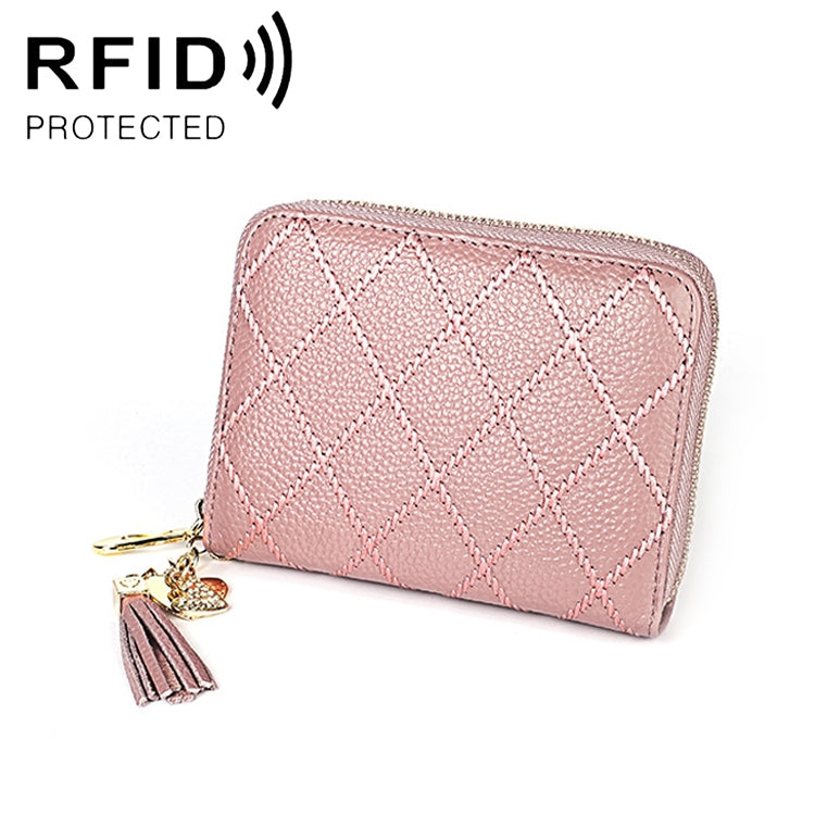 KB213 Diamond Texture Zipper Cowhide Leather Double Row Organ Shape Multiple Card Slots Anti-magnetic RFID Wallet Clutch Bag for Ladies, KB213 Black, KB213 Pink, KB213 Blue, KB213 Light Pink, KB213 Rose Red