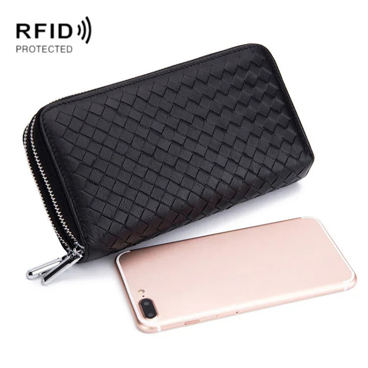 Sheepskin Weave Double Zipper Large Capacity Multiple-Card RFID Anti-Theft Wallet Bag