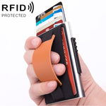 X-32C Automatically Pop-up Card Type Anti-magnetic RFID Anti-theft Men Aluminum Alloy A Dial Button Elastic Bag Wallet with PU Leather Strap, X-32C A Dial Button  Silver, X-32C A Dial Button Black