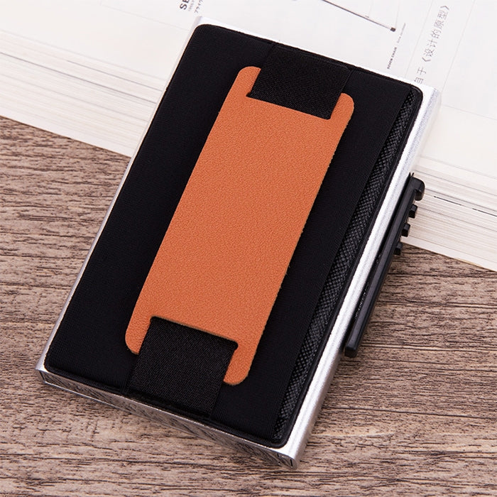 X-32C Automatically Pop-up Card Type Anti-magnetic RFID Anti-theft Men Aluminum Alloy A Dial Button Elastic Bag Wallet with PU Leather Strap, X-32C A Dial Button  Silver, X-32C A Dial Button Black
