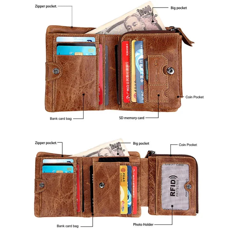 Genuine Cowhide Leather Crazy Horse Texture Zipper 3-folding Short Style Card Holder Wallet RFID Blocking Coin Purse Card Bag Protect Case for Men, Size: 12*9.5*4cm(Taupe), 3585