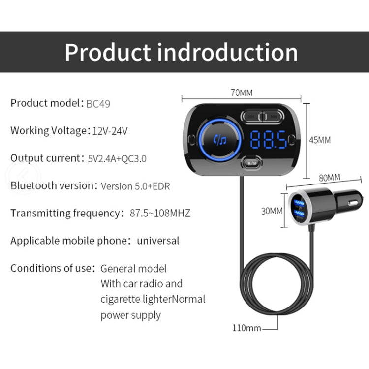 BC49BQ Car Digital Radio Receiver Bluetooth MP3 Player FM Transmitter Voice Assistant QC3.0 Quick Charger, BC49BQ