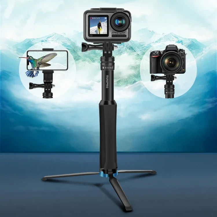 RUIGPRO One-piece Handheld Tripod Selfie Stick Telescopic Monopod Mount for GoPro, Insta360, DJI and Other Action Cameras, Black)