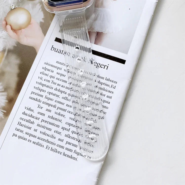 transparent TPU watchband for Apple Watch displayed on a magazine page, showcasing stylish design and comfort.