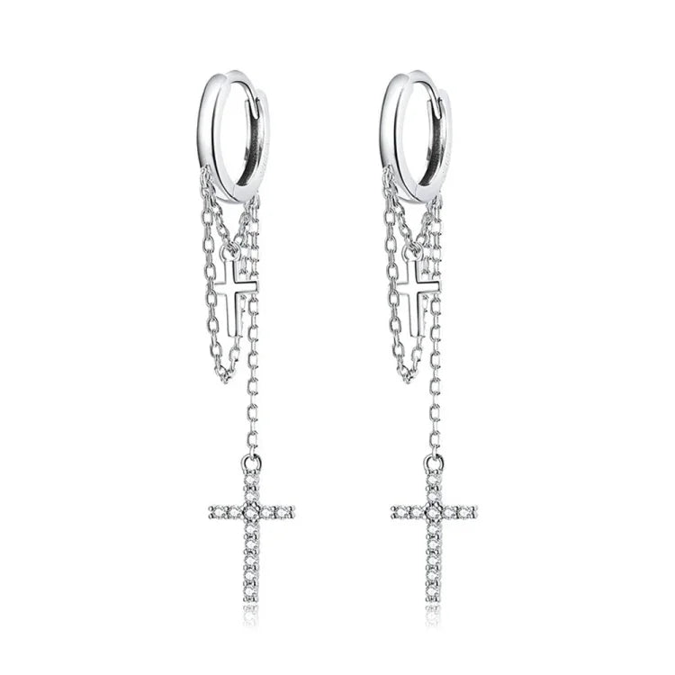 S925 Sterling Silver Long Tassel Shining Cross Women Earrings, Long Tassel Shining Cross