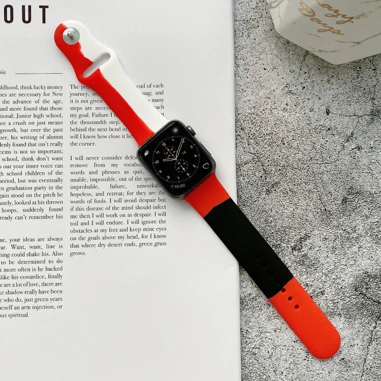 Silicone Color Matching Replacement Watchbands For Apple Watch Series 6 & SE & 5 & 4 40mm / 3 & 2 & 1 38mm, For Apple Watch 40mm/38mm(Black+Red+White), For Apple Watch 40mm/38mm(Red+White+Black), For Apple Watch 40mm/38mm(Light Blue+Dark Blue+Yellow)  ...