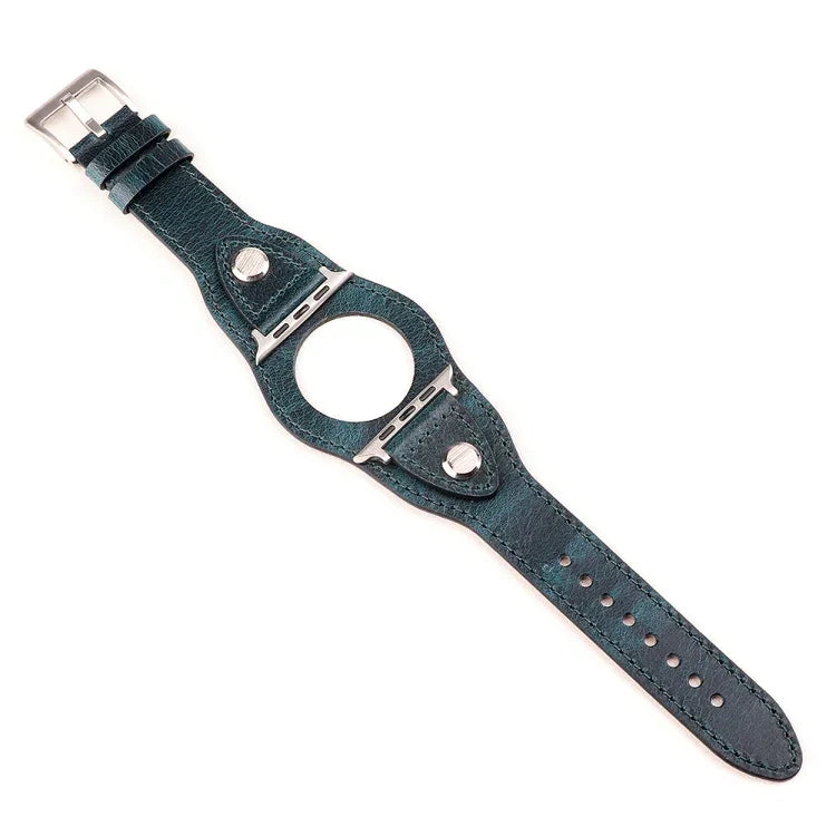 Leather replacement watchband for Apple Watch, adjustable strap in blue, compatible with multiple Apple Watch models.