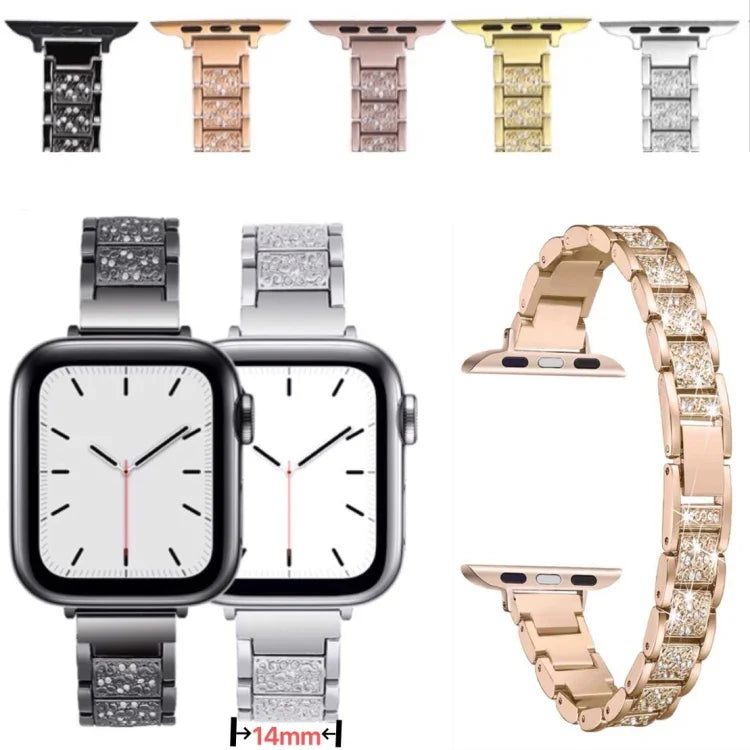 14mm Three-beads Diamond Aluminum Alloy Replacement Strap Watchband For Apple Watch Series, 7 41mm / 6 & SE & 5 & 4 40mm / 3 & 2 & 1 38mm, 7 45mm / 6 & SE & 5 & 4 44mm / 3 & 2 & 1 42mm