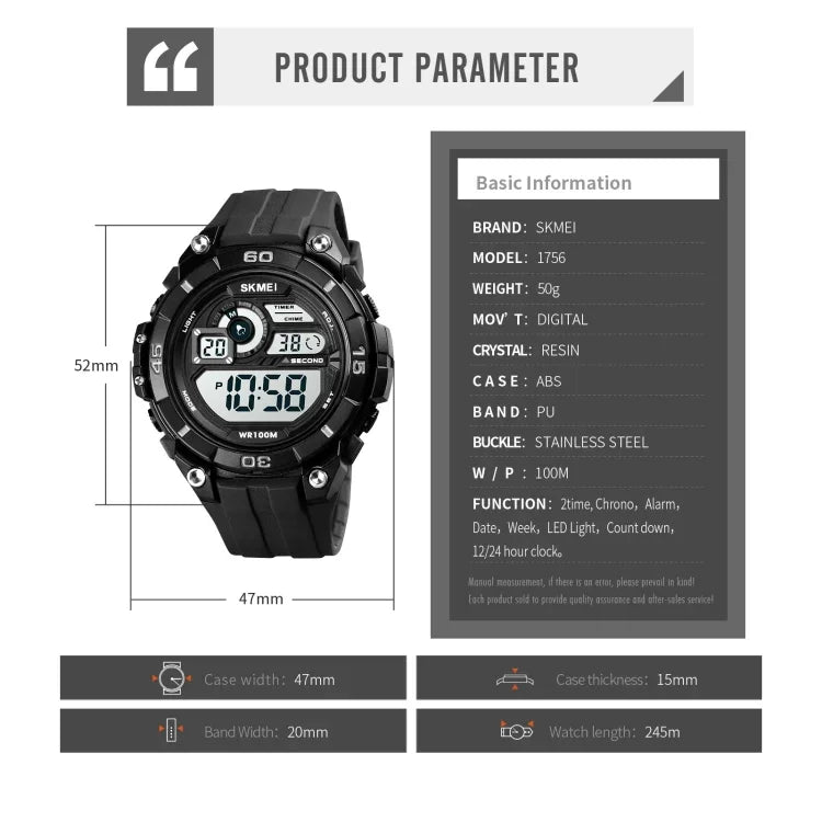 SKMEI 1756 Dual Time Countdown Alarm Clock Men Sports Luminous Electronic Watch
