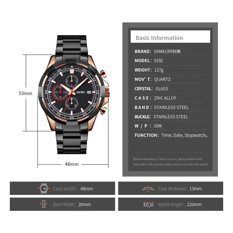 SKMEI 9192 Men Calendar Timing Stainless Steel Belt Luminous Quartz Watch