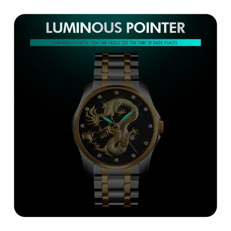 SKMEI 9193 Men Golden Dragon Pattern Calendar Dial Luminous Quartz Watch