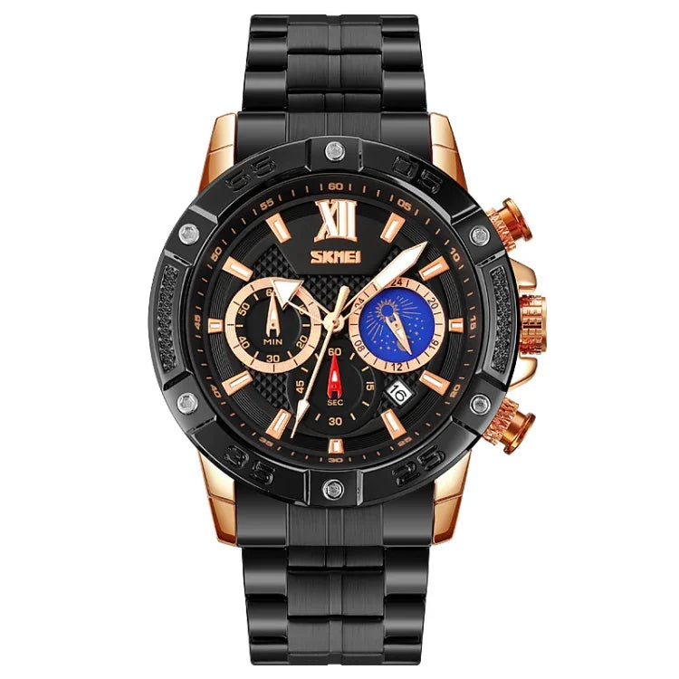 SKMEI 9235 Men Moonphase Stopwatch Stainless Steel Strap Quartz Watch