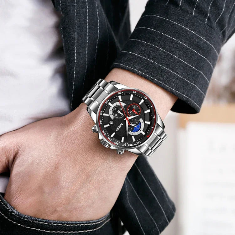 SKMEI 9250 Men Moonphase Stopwatch Date Six Pin Stainless Steel Strap Quartz Watch