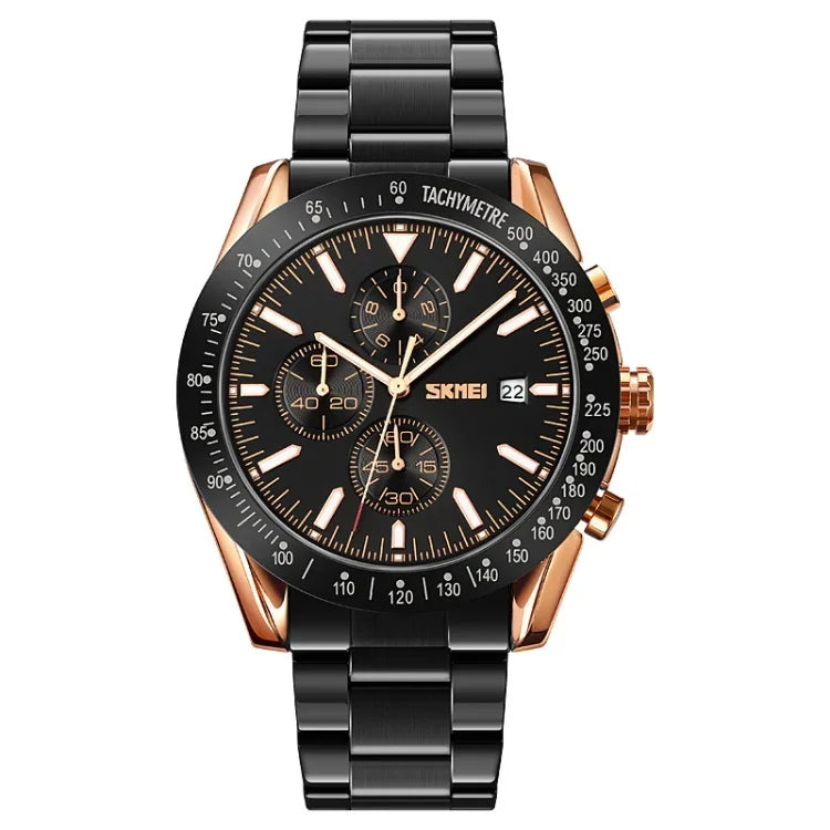 SKMEI 9253 Men Stopwatch Date Six Pin Stainless Steel Strap Quartz Watch