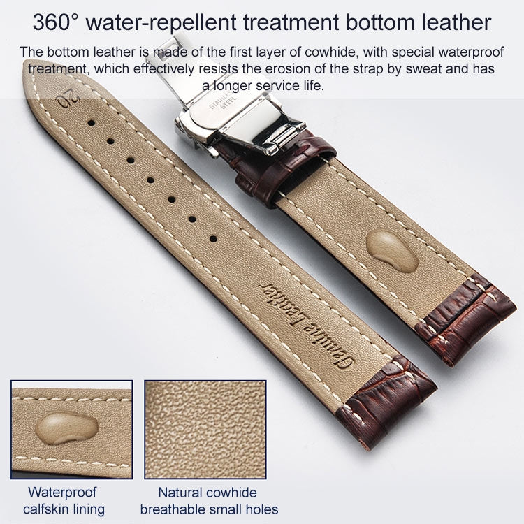 Classic Cowhide Leather Gold Butterfly Buckle Replacement Strap Watchband, 10mm, 12mm, 14mm, 16mm, 18mm, 20mm, 22mm, 24mm