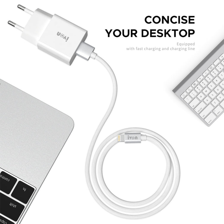 IVON AD-35 2 in 1 18W QC3.0 USB Port Travel Charger + 1m USB to 8 Pin Data Cable Set,, EU Plug, US Plug