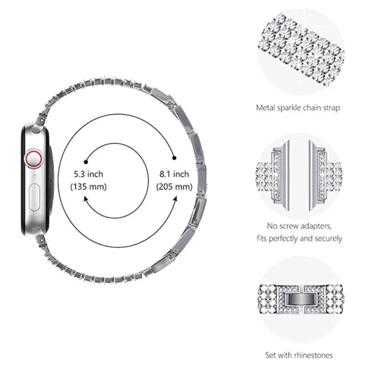 Four-row Diamond-set Metal Watchband For Apple Watch Series, 7 41mm / 6&SE&5&4 40mm / 3&2&1 38mm, 7 45mm / 6&SE&5&4 44mm / 3&2&1 42mm