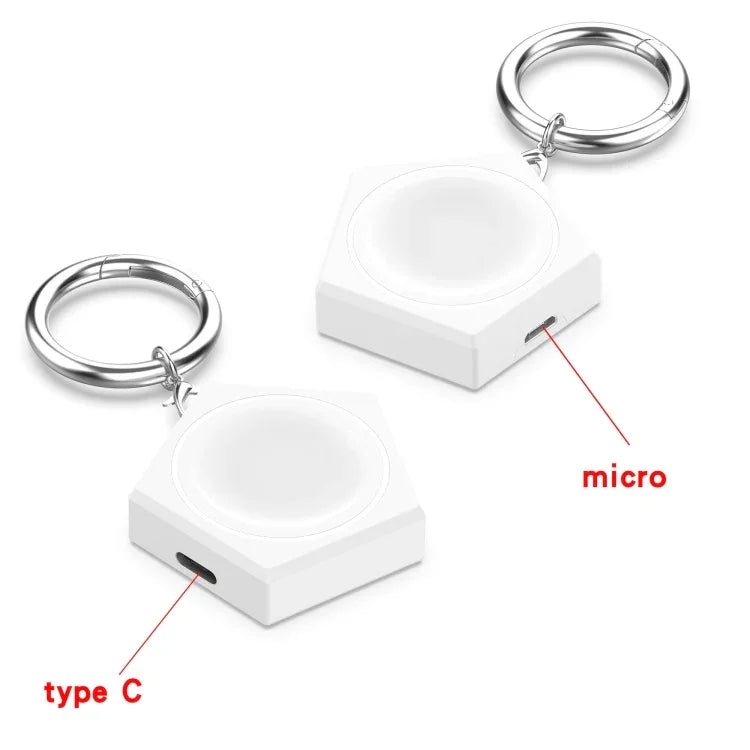 Universal smart watch charger for Samsung Galaxy Watch with Type C and Micro USB connections, keychain included.