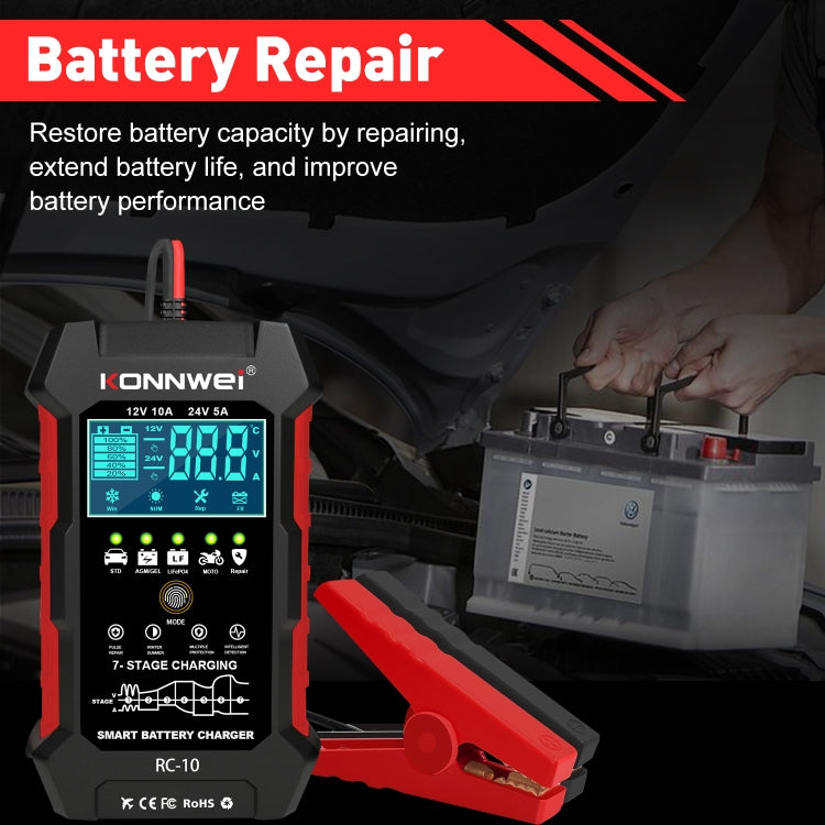 KONNWEI CR-10 2.4 inch Car Battery Charger Battery Pulse Repair Tool, EU Plug, US Plug, UK Plug