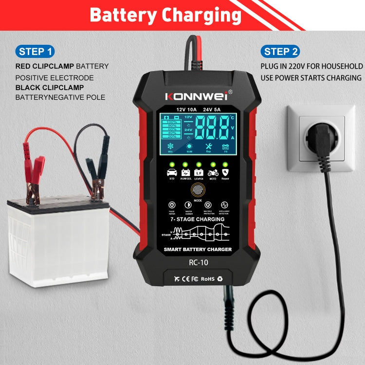 KONNWEI CR-10 2.4 inch Car Battery Charger Battery Pulse Repair Tool, EU Plug, US Plug, UK Plug
