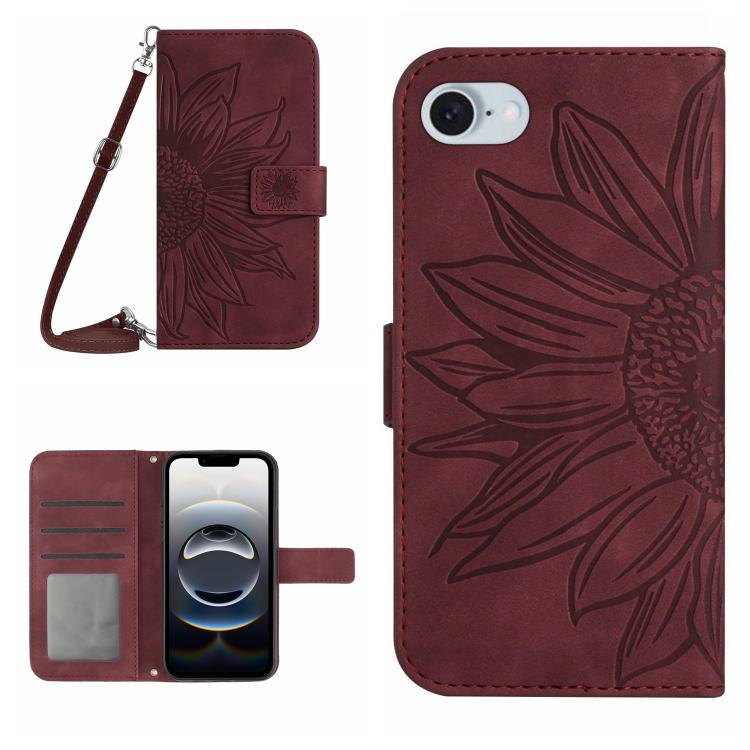 Skin Feel Sun Flower Embossed Flip Leather Phone Case with Lanyard, For iPhone 17e / 16e, For iPhone 17 Pro Max, For iPhone 17 Pro, For iPhone 17