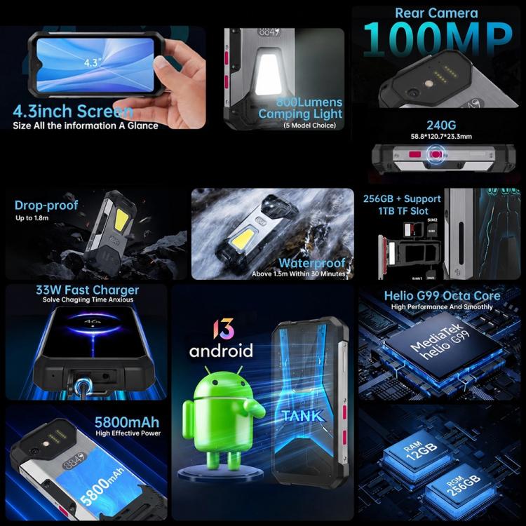 Unihertz Tank mini 1 / 8849, 100MP Camera, 4.3 inch Android 13 Helio G99 Octa Core, Network: 4G, Tank mini 1 12GB+256GB
