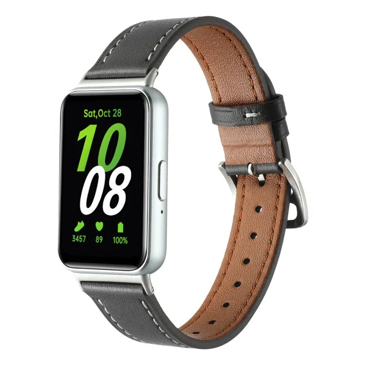 Sewing Thread Genuine Leather Watch Band, For Samsung Galaxy Fit 3