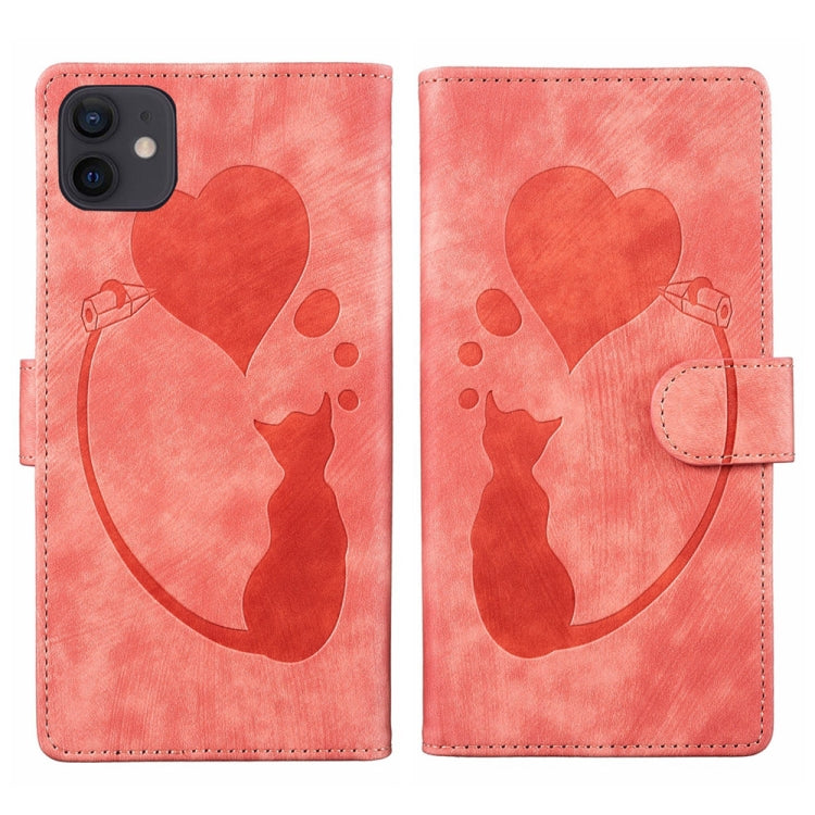 Pen Heart Cat Embossed Leather Phone Case, For iPhone 13 mini, For iPhone 12, For iPhone 12 Pro Max, For iPhone 12 Pro, For iPhone 12 mini, For iPhone 11 Pro Max, For iPhone 11, For iPhone 11 Pro