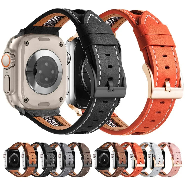 Mesh Calfskin Genuine Leather Watch Band, For Apple Watch SE 2023 44mm, For Apple Watch SE 2023 40mm, For Apple Watch Ultra 2 49mm, For Apple Watch Series 9 45mm, For Apple Watch Series 9 41mm, For Apple Watch Ultra 49mm