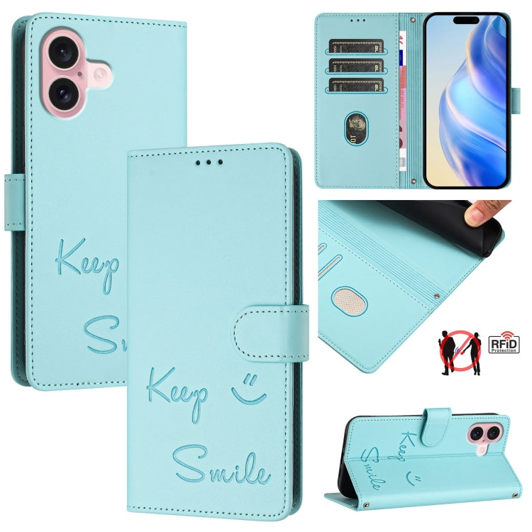Smile Embossing RFID Leather Phone Case, For iPhone 16, For iPhone 15 Pro Max, For iPhone 15 Pro, For iPhone 15 Plus, For iPhone 15, For iPhone 14 Plus, For iPhone 14 / 13, For iPhone 14 Pro