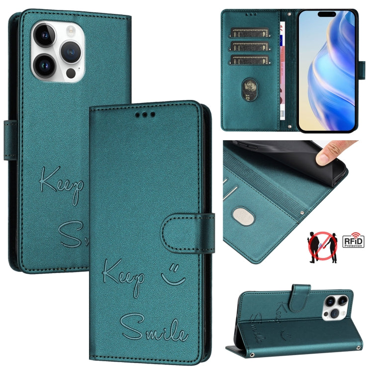 Smile Embossing RFID Leather Phone Case, For iPhone 16, For iPhone 15 Pro Max, For iPhone 15 Pro, For iPhone 15 Plus, For iPhone 15, For iPhone 14 Plus, For iPhone 14 / 13, For iPhone 14 Pro