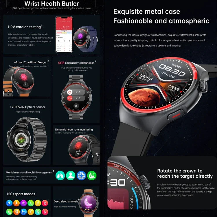 T82 1.43 inch Round Screen BT Call Smart Watch, Heart Rate / Blood Pressure / Blood Oxygen / Sleep / Blood Sugar / HRV / Metope / SOS, Silicone Black, Silicone Red, Silicone Blue, Leather Brown, Leather Black, Stainless Steel Black