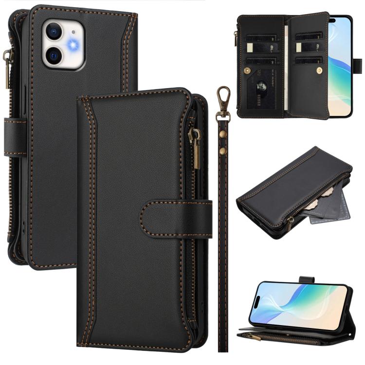 Magnetic Closure 9 Card Slots Zipper Leather Case with Hand Strap, For iPhone 14 Pro Max, For iPhone SE 2022 / 2020 / 8 / 7, For iPhone 13 Pro Max, For iPhone 13 Pro, For iPhone 13 mini, For iPhone 12 / 12 Pro, For iPhone 12 Pro Max, For iPhone 12 mini