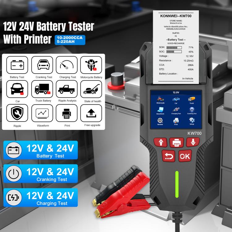 KONNWEI KW700 12V / 24V 2.8 inch Color Screen Car Battery Tester with Printer, KW700