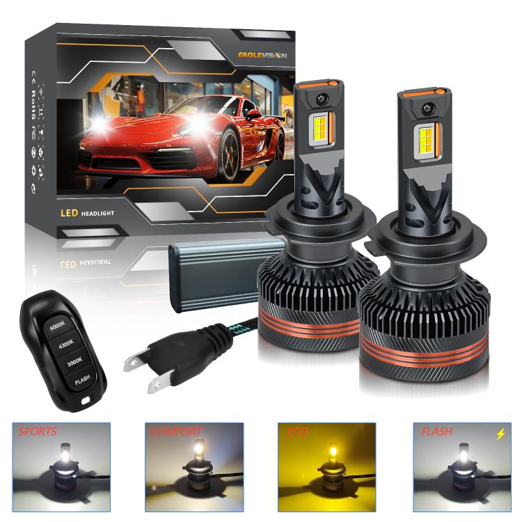 2pcs/Pack 60W 8000LM 6000K Three Color Remote Control Car LED Headlight Bulb, 9005, 9006, H1, H4, H7, H11