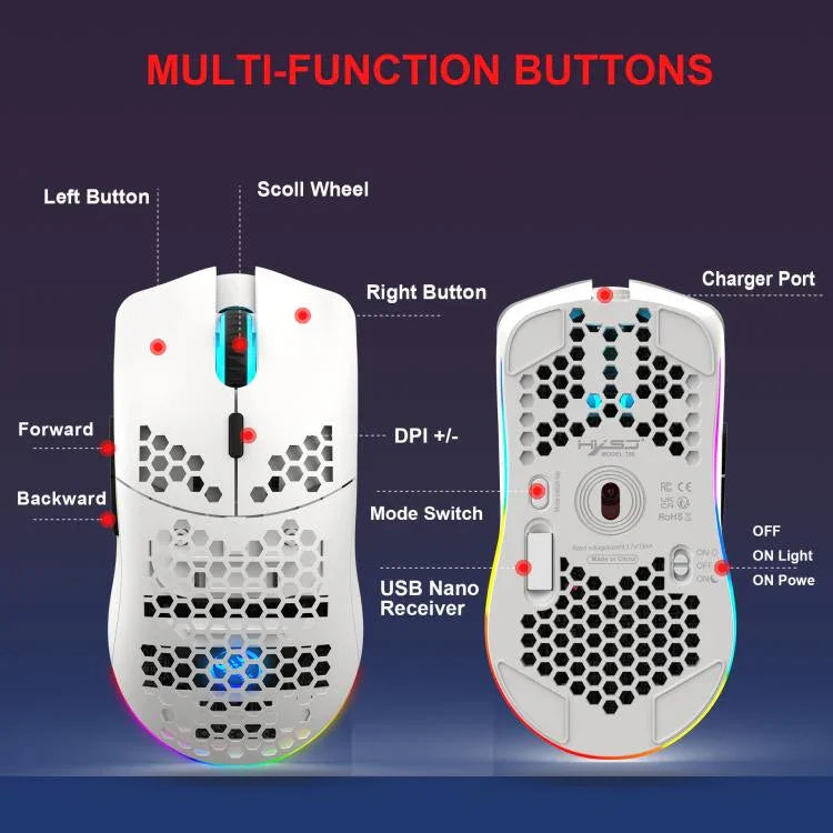 HXSJ T66 3 Modes Wired 2.4G BT5.3 Wireless RGB Rechargeable Mouse, T66