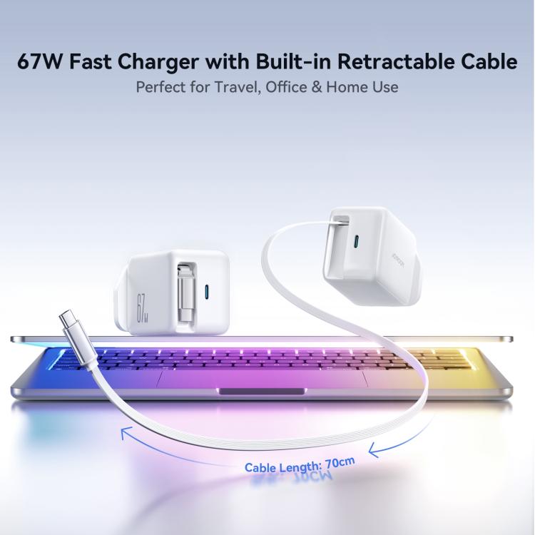 JOYROOM JR-TCL06 67W USB-C / Type-C Port GaN Fast Charger with Retractable Cable, UK Plug