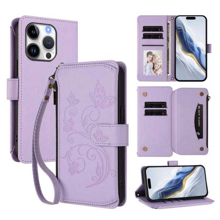 Butterfly Love Flower Multi-card Zipper Wallet Leather Phone Case, For iPhone 16 Pro, For iPhone 16 Plus, For iPhone 16, For iPhone 15 Pro Max, For iPhone 15 Pro, For iPhone 15 Plus