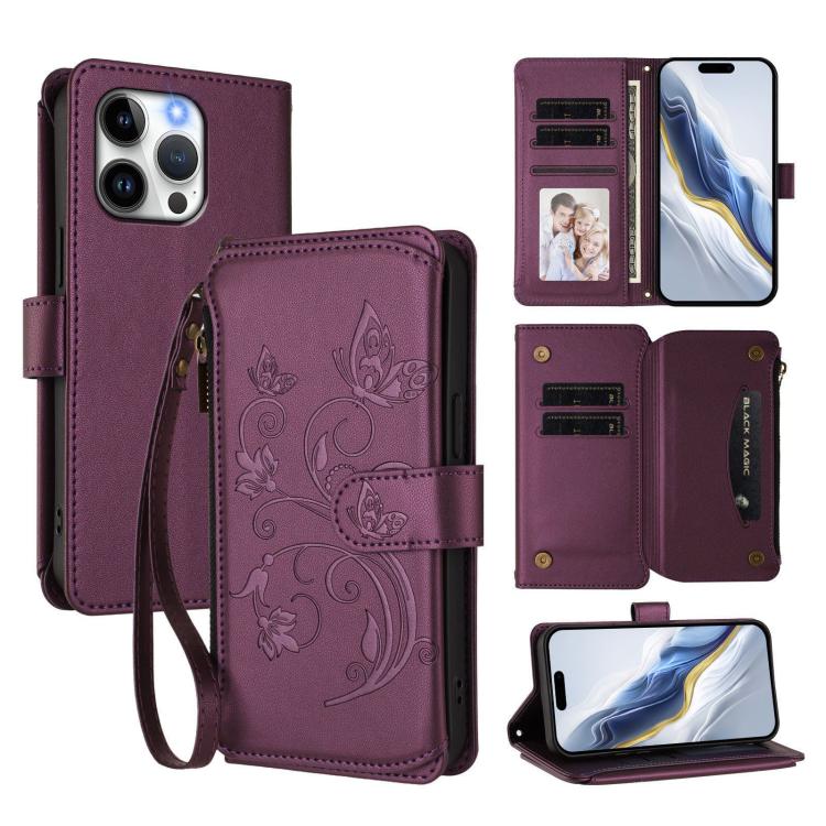 Butterfly Love Flower Multi-card Zipper Wallet Leather Phone Case, For iPhone 16 Pro, For iPhone 16 Plus, For iPhone 16, For iPhone 15 Pro Max, For iPhone 15 Pro, For iPhone 15 Plus