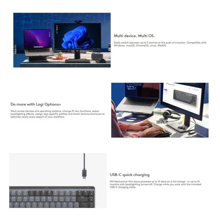 Logitech MX Mini Compact Smart Backlit Wireless Bluetooth Mechanical Keyboard, Tea Shaft, Blue Shaft