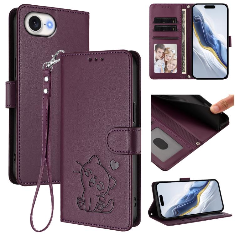 Embossed Heart Cat Leather Phone Case with Hand Strap, For iPhone 17e / 16e, For iPhone 17 Pro Max, For iPhone 17 Pro, For iPhone 17