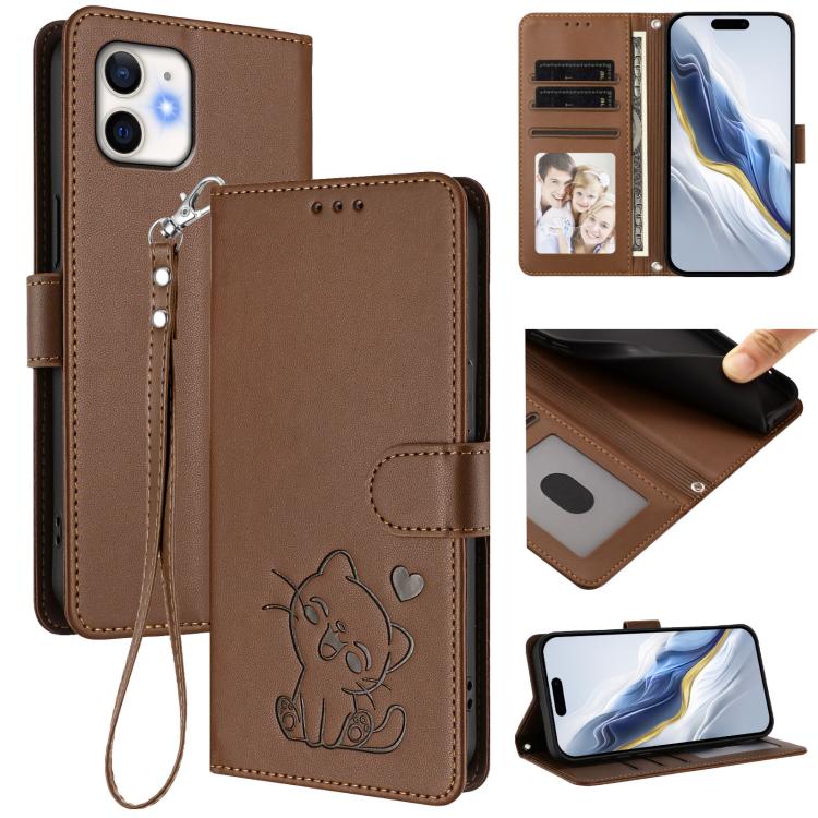Embossed Heart Cat Leather Phone Case with Hand Strap, For iPhone 13 mini, For iPhone 12 / 12 Pro, For iPhone 12 Pro Max, For iPhone 12 mini