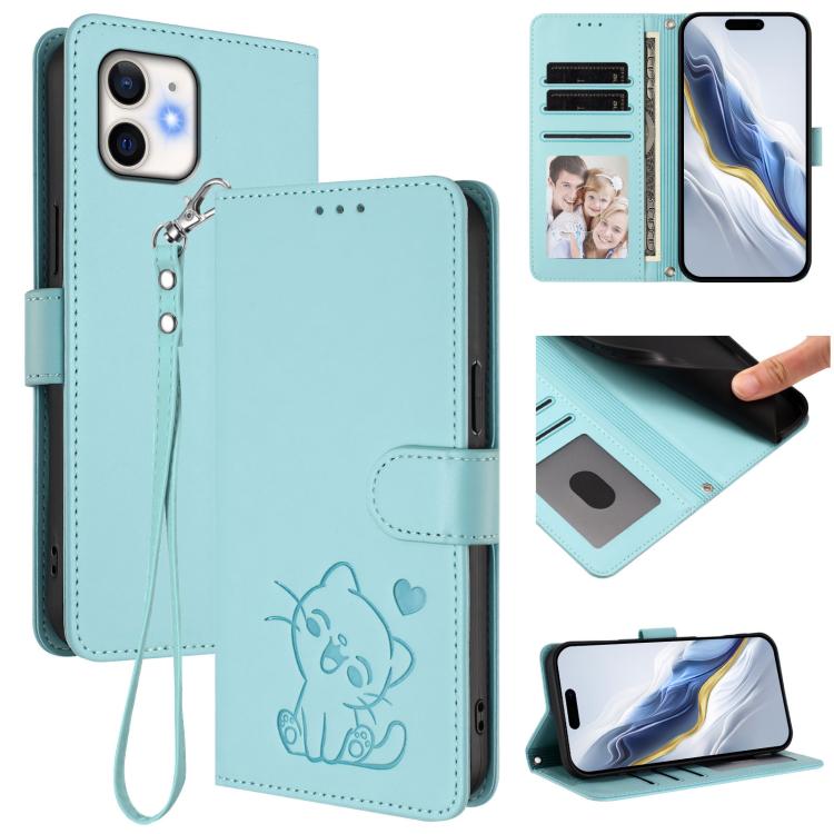 Embossed Heart Cat Leather Phone Case with Hand Strap, For iPhone 13 mini, For iPhone 12 / 12 Pro, For iPhone 12 Pro Max, For iPhone 12 mini