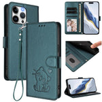 Embossed Heart Cat Leather Phone Case with Hand Strap, For iPhone 15, For iPhone 14 Plus, For iPhone 14 / 13, For iPhone 14 Pro