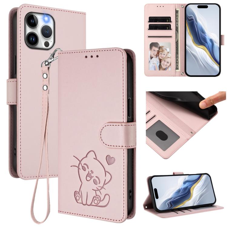 Embossed Heart Cat Leather Phone Case with Hand Strap, For iPhone 13 mini, For iPhone 12 / 12 Pro, For iPhone 12 Pro Max, For iPhone 12 mini