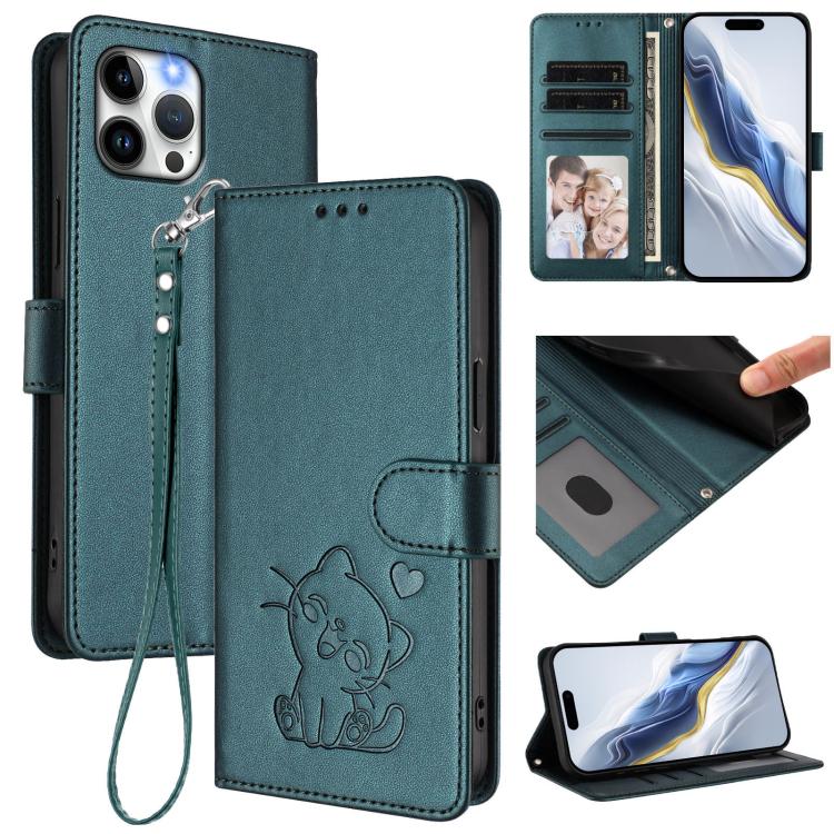 Embossed Heart Cat Leather Phone Case with Hand Strap, For iPhone 13 mini, For iPhone 12 / 12 Pro, For iPhone 12 Pro Max, For iPhone 12 mini