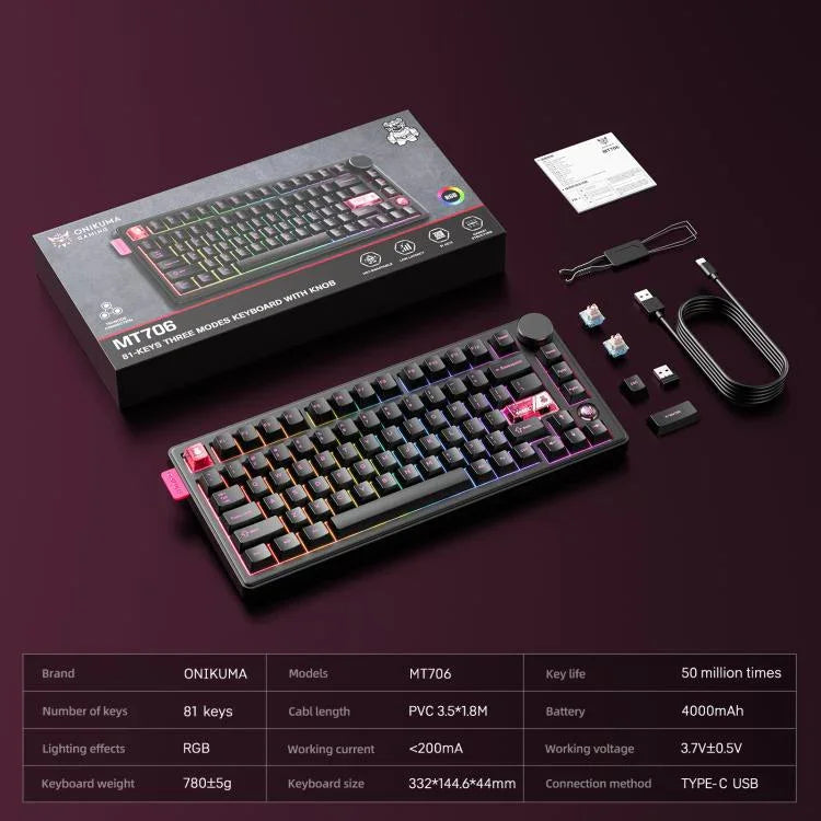 ONIKUMA MT706 81-Keys Hot Swappable Triple Mode Mechanical Keyboard, MT706
