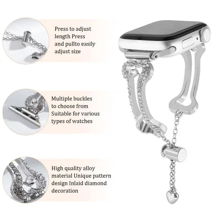 Bone Chain Shaped Diamond Metal Watch Band, For Apple Watch 46mm / 49mm / 45mm / 44mm, For Apple Watch 42mm / 41mm / 40mm / 38mm